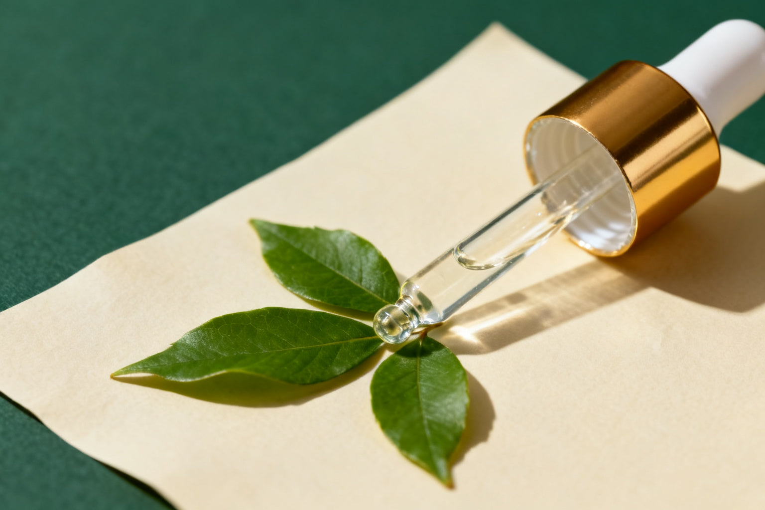 Nature morte apothicaire : pipette et feuilles vertes sur fond creme